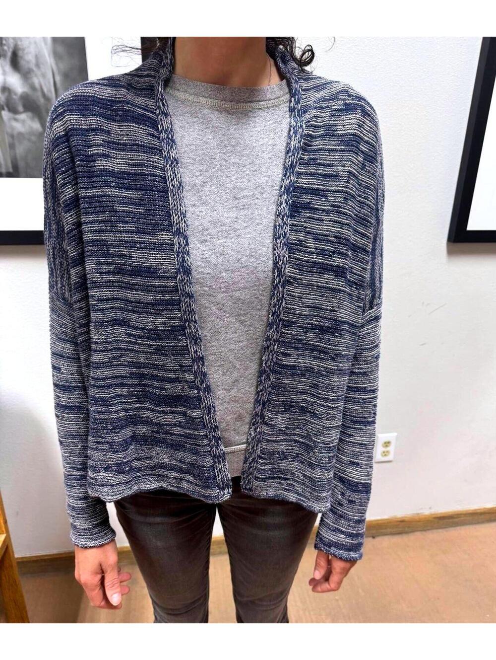 Eileen Fisher M Organic Linen Open-Front Cardigan Dolman Sleeve Blue Ivory